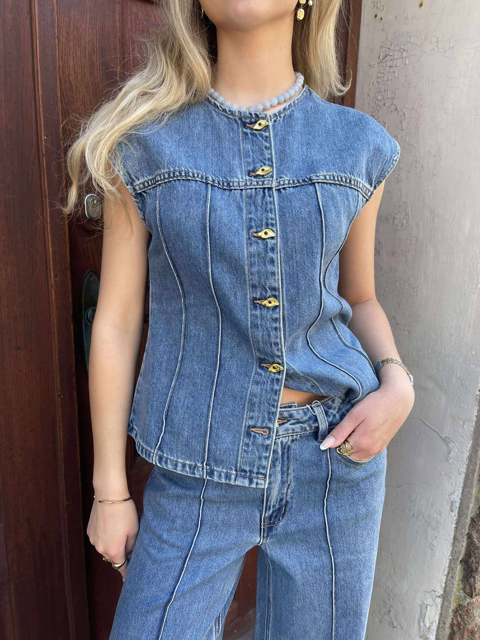 OBJDIVONA Denim Waistcoat - Medium Blue Denim